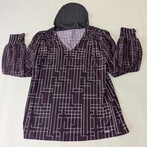 NWT Calvin Klein Blouse S Plum Purple Geometric Grid Sheer Balloon Sleeve Top